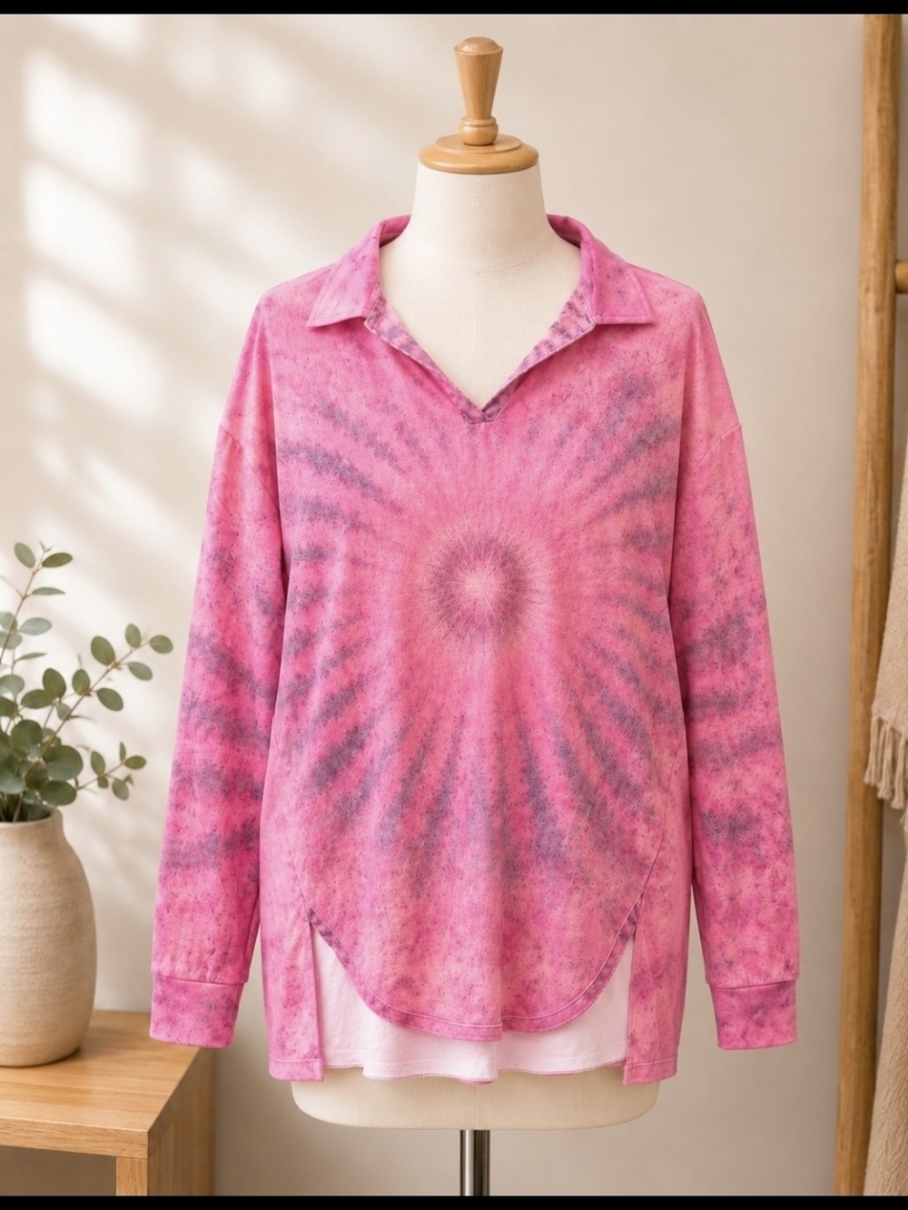 Pink Tie-Dye Collared Polysester V-Neck Long Sleeve Top